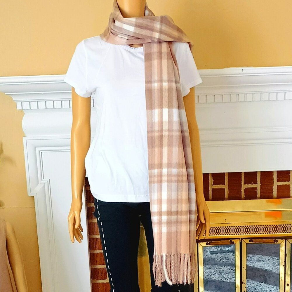 Pretty Persuasions Pink Plaid Scarf Rectangle Soft Fringe Shawl